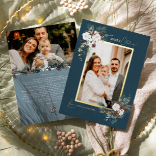 Navy blauw groen vintage kerst twee foto folie feestdagenkaart