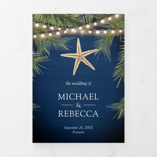 Navy Blauw Hout Tropisch Palmblad Zeester Bruiloft Drieluik Uitnodiging (Cover)