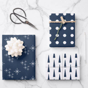 Navy Blauw Kerstmis Sneeuwvlokken Evergreen Bomen Inpakpapier Vel