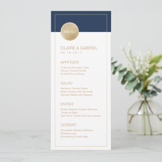 Navy blauw minimalistisch modern huwelijksmenu menu (Staand voorkant)