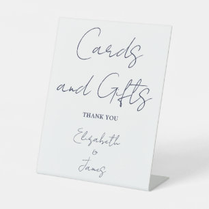 Navy Blauw Minimalistisch Script Kaarten En Cadeau Reclamebord Met Voetstuk