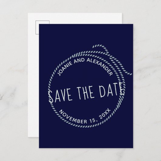 Navy Blauw Nautisch Touw Bruiloft Save the Date Aankondigingskaart (Voorkant / Achterkant)
