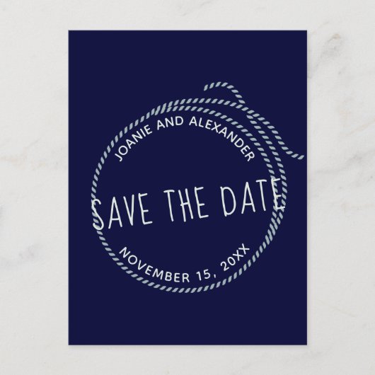 Navy Blauw Nautisch Touw Bruiloft Save the Date Aankondigingskaart (Voorkant)