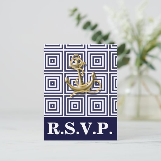 Navy Blauw patroon anker nautische bruiloft rsvp Uitnodiging Briefkaart (Staand voorkant)