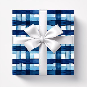 Navy blauw Plaid Waterverf patroon Cadeaupapier