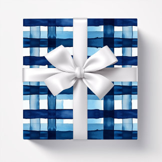 Navy blauw Plaid Waterverf patroon Cadeaupapier