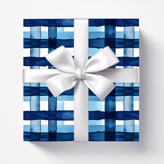 Navy blauw Plaid Waterverf patroon Cadeaupapier
