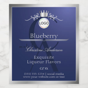 Navy-blauw productlabel zilveren frame logo monogr wijn etiket