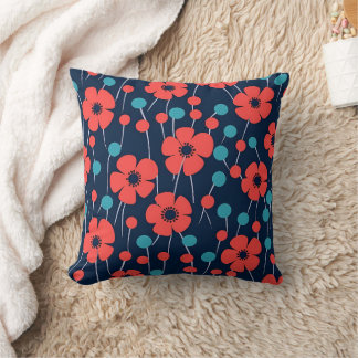 Navy Blauw Rood Klaproos Naadloze Bloemen Print Kussen