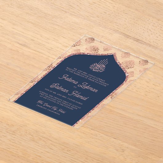 Navy Blauw Roos Goud Damask Arch Moslim Bruiloft Acryl Uitnodigingen (Laagn)