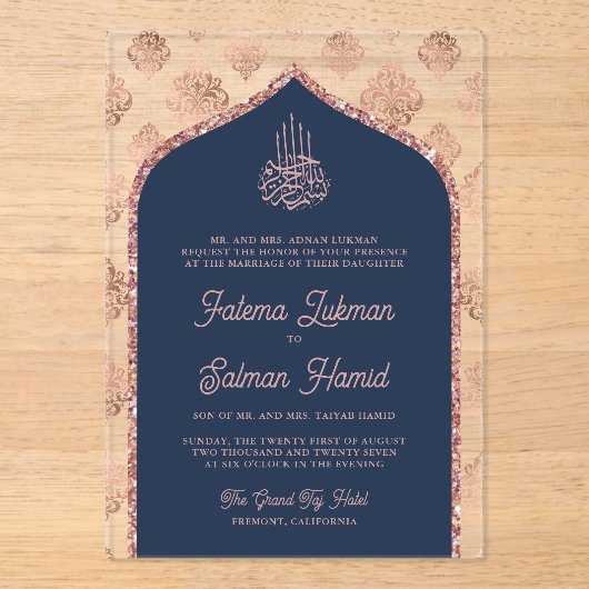 Navy Blauw Roos Goud Damask Arch Moslim Bruiloft Acryl Uitnodigingen (Voorkant)