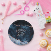 Navy blauw Roos gouden agaat marmer bruiloft monog Papieren Bordje (Feest)