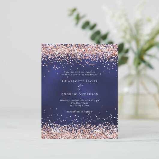 Navy blauw roos gouden budget bruiloft uitnodiging (Staand voorkant)