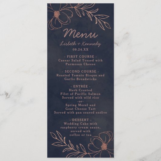 Navy Blauw & Roos Gouden Folie Bloemengrens Diner Menu (Voorkant)