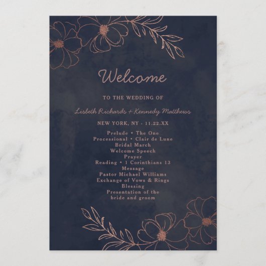 Navy blauw & Roos goudfolie chique huwelijksceremo Programma (Voorkant)
