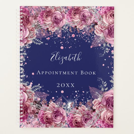 Navy blauw roze bloemen elegante naam 2026 planner (Voorkant)