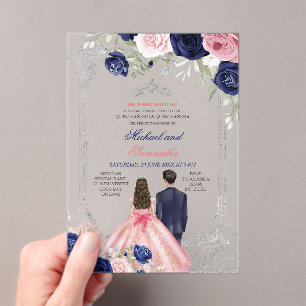 Navy Blauw & Roze Bloemen Tweeling Zilver Quinceañ Acryl Uitnodigingen