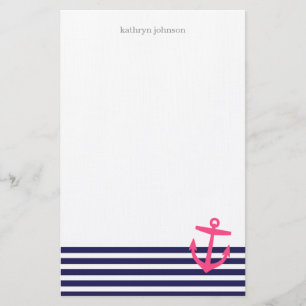 Navy Blauw & Roze Nautische Strepen en Schattige A Briefpapier