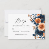 Navy Blauw Sinaasappel Terracotta Bloemen Elegante RSVP Kaartje (Voorkant)