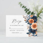 Navy Blauw Sinaasappel Terracotta Bloemen Elegante RSVP Kaartje (Staand voorkant)