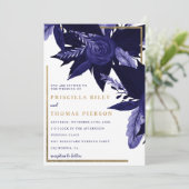 Navy blauw waterverf gouden herfst bloemenbruiloft kaart (Staand voorkant)