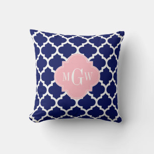Navy Blauw Wht Marokkaans #5 Roze 3 Initiele Monog Kussen