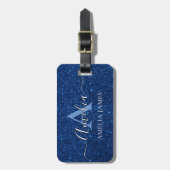Navy blauw wit glitter monogram naam bagagelabel (Voorkant verticaal)