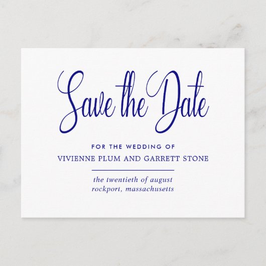 Navy Blauw Wit Kalligrafie Bruiloft Save the Date Uitnodiging Briefkaart (Voorkant)