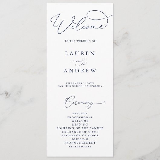 Navy Blauw & Wit Minimalistische bruiloft Programma (Voorkant)