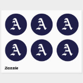 Navy Blauw & Wit Monogram Initiaal afdichtingen "A Ronde Sticker (Vel)