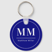 Navy blauw wit monogram initialen naam minimalist sleutelhanger (Voorkant)