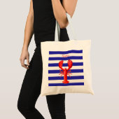 Navy blauw wit strepen rode kreeft naam tote bag (Voorkant (product))