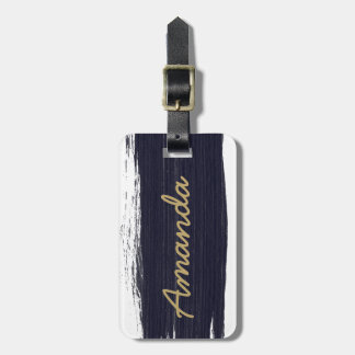 Navy blauw wit waterverf penseelstreken monogram bagagelabel