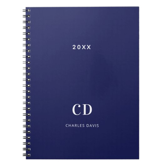 Navy blauw witte monogram naam minimalistisch notitieboek (Voorkant)