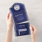 Navy blauw zilver disco bal glitter verjaardag rvp all in one uitnodiging (Afscheurbaar)