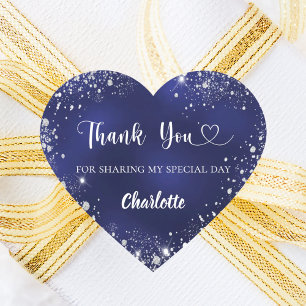 Navy blauw zilver glitter hart dank u verjaardag sticker