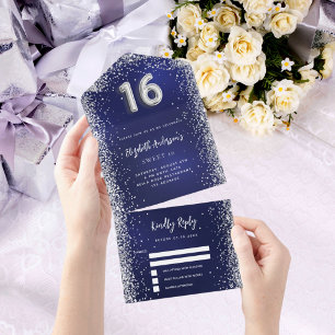 Navy blauw zilver glitter Sweet 16 rsvp All In One Uitnodiging