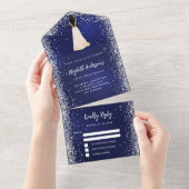 Navy blauw zilveren jurk glitter verjaardag rsvp all in one uitnodiging (Afscheurbaar)