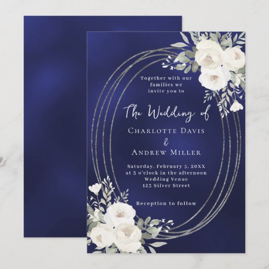 Navy blauw zilveren witte bloemen rozen bruiloft kaart (Voorkant / Achterkant)