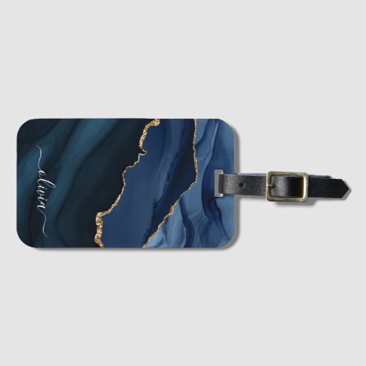 Navy Blauwe Agaat Geode Gouden Monogram Bagagelabel (Voorkant (horizontaal))