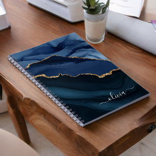 Navy Blauwe Agate Geode Gouden Monogram Notitieboek