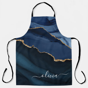 Navy Blauwe Agate Geode Gouden Monogram Schort