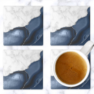 Navy Blauwe Agate Witte Marmeren Zilveren Glitters Stenen Onderzetter