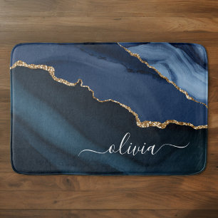 Navy Blauwe Agatische Geode Gouden Monogram Badmat