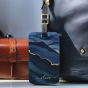 Navy Blauwe Agatische Geode Gouden Monogram Bagagelabel