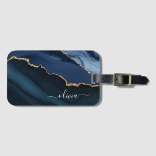 Navy Blauwe Agatische Geode Gouden Monogram Bagagelabel