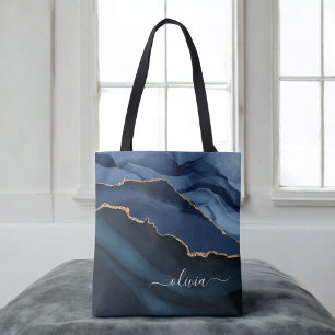 Navy Blauwe Agatische Geode Gouden Monogram Draagtas