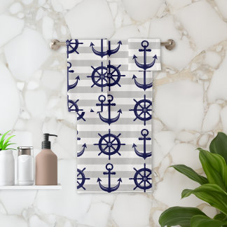 Navy Blauwe Anker Bootsstuurwiel Grijze Streep Mar Bad Handdoek