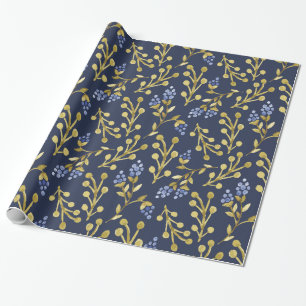 Navy Blauwe Aquarel Bes Bloem Cadeaupapier