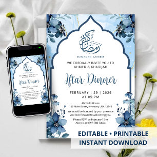 Navy Blauwe Aquarel Bloemrijke Ramadan Iftar Diner Kaart